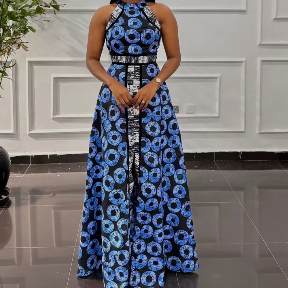 Sleeveless Blue and Black Halter Maxi Dress